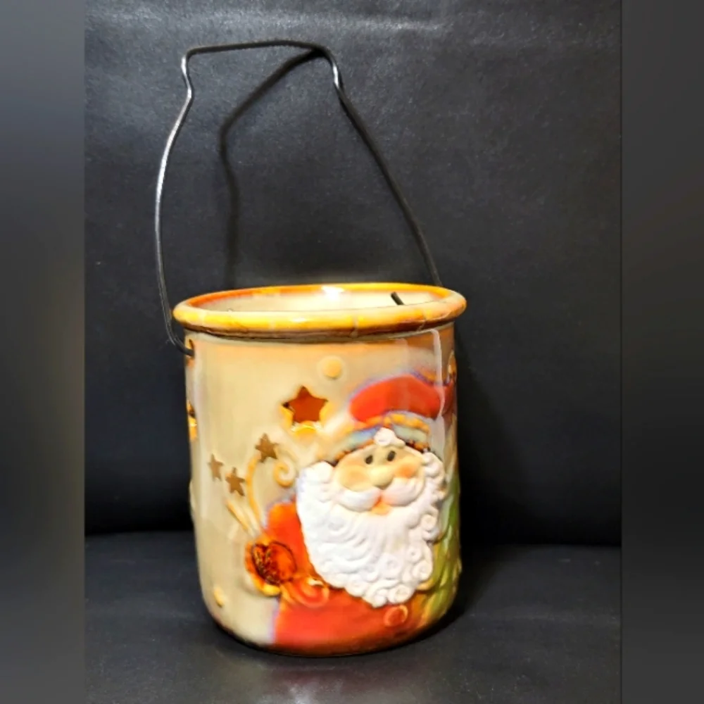 Vintage Ceramic Santa Claus Christmas Textured Lantern Tea Light Candle Holder